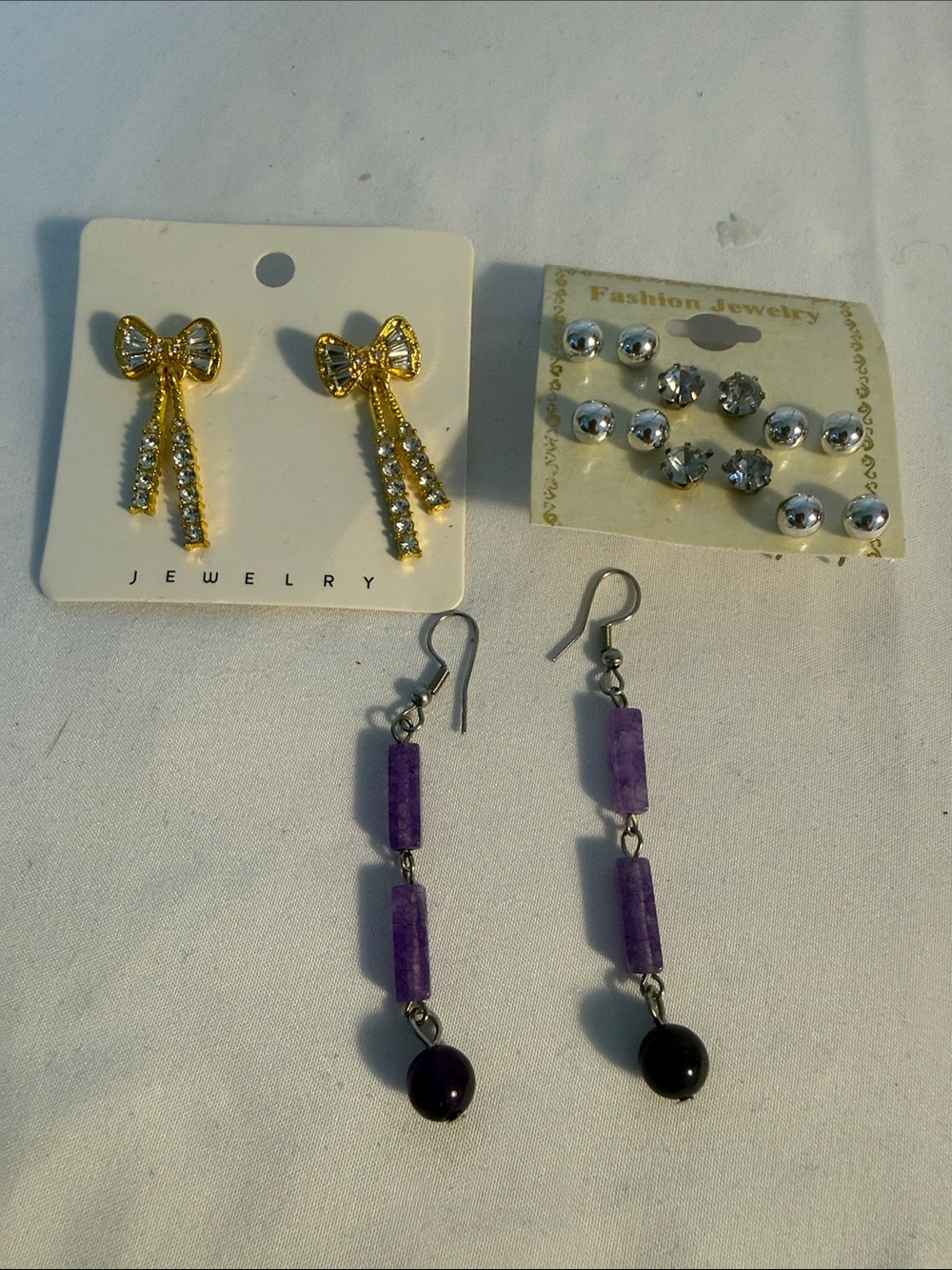 Fashion Jewelry Purple Dangle Earrings with Silver-Tone Stud Set
